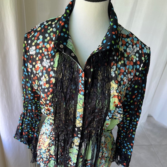 Women’s Blouse Colorful Polka Dot & Floral Print with Lace & Ribbon Accent - Picture 1 of 10